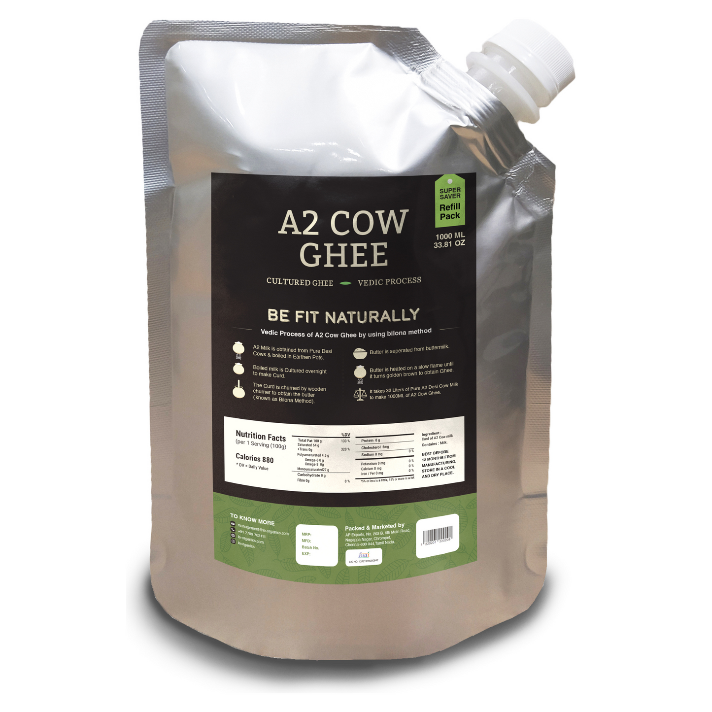 Cultured A2 Cow Ghee – 1000 ml | Convenience & eco-Friendly Refill Pack