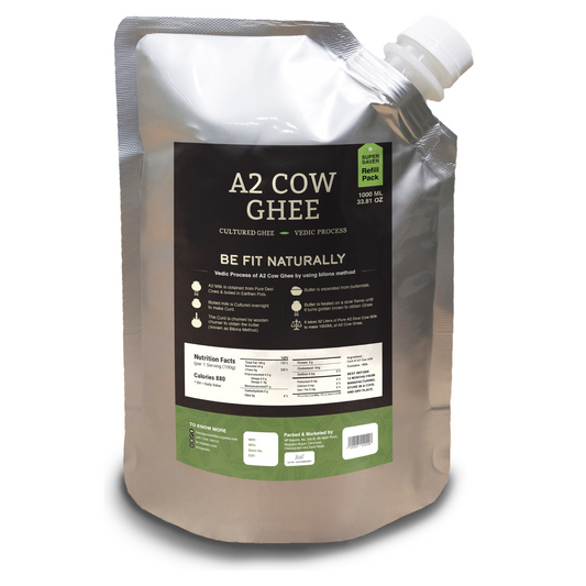 Cultured A2 Cow Ghee – 1 Litre | Convenience & Refill Pack | Hand-Churned, Grass-Fed