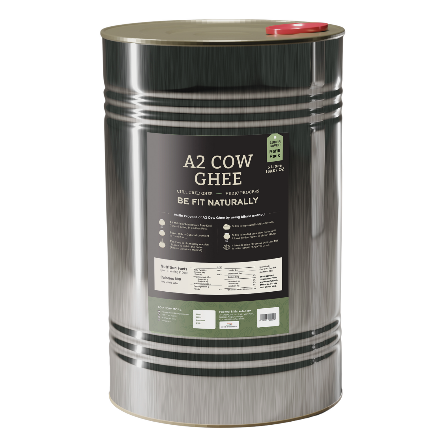 Cultured A2 Cow Ghee - 5 Litres (Super Saver Tin Pack)